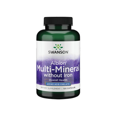 The Swanson Multi-Mineral without Iron Albion - 120 capsules is an iron-free multimineral formula utilizing Albion's breakthrough chelation technologies for highly absorbable mineral glycinates.
